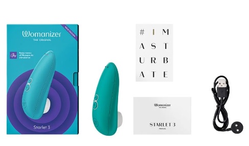womanizer starlet 3 clitoral stimulator in box and separately teal color with USB charging cable and I masturbate business card